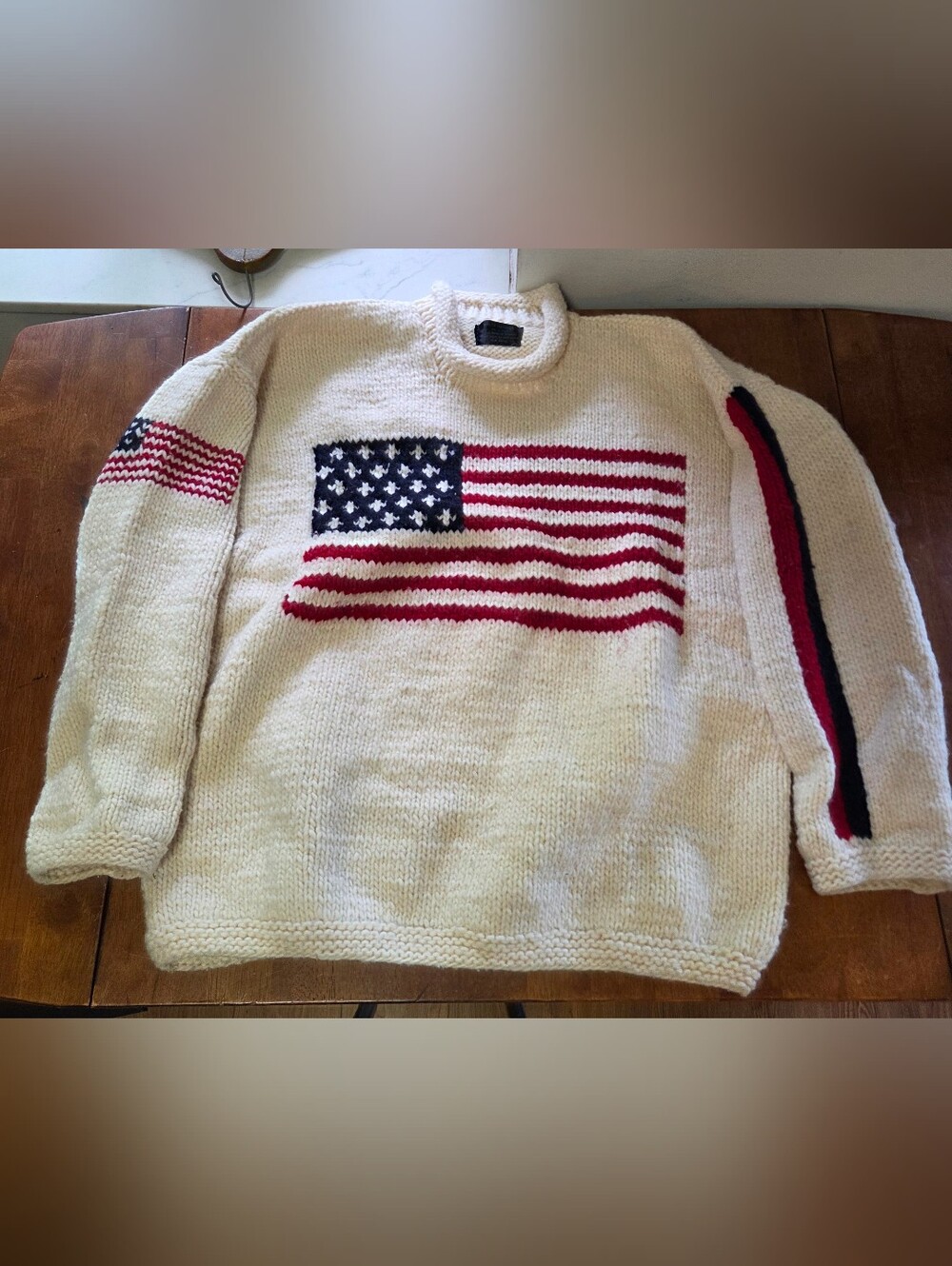 Vintage Balta Imports 100% Wool Hand Knit USA Flag Chunky Knit Sweater Mens L